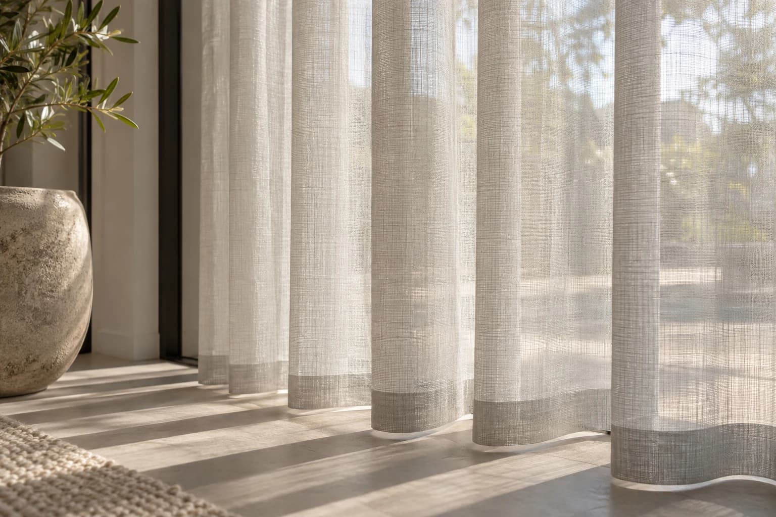 Close view of a sheer curtain weave, drape and finished hem at the window