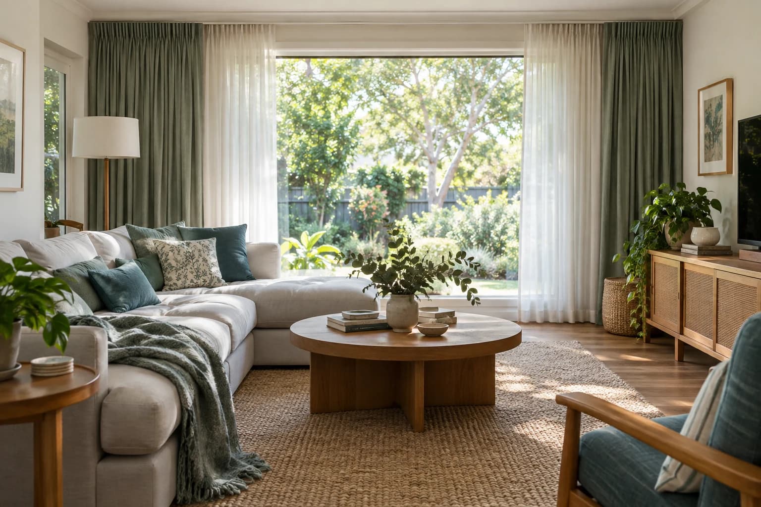 Full-height layered curtains framing a bright contemporary living room