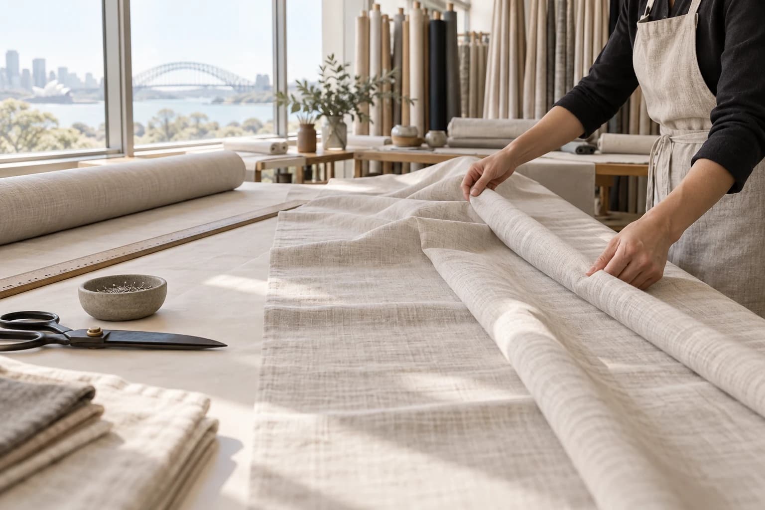 Anonymous hands arranging curtain fabric on a worktable
