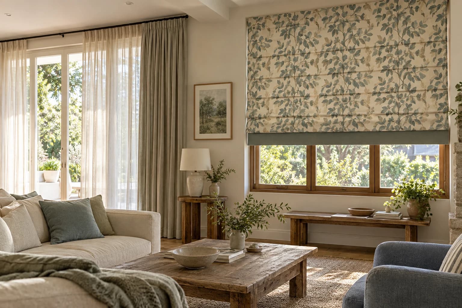 Patterned Roman blind with a contrasting lower border at a timber-framed window