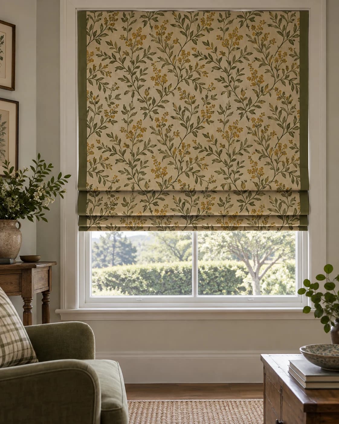 Patterned Roman blind with a contrasting lower border at a timber-framed window