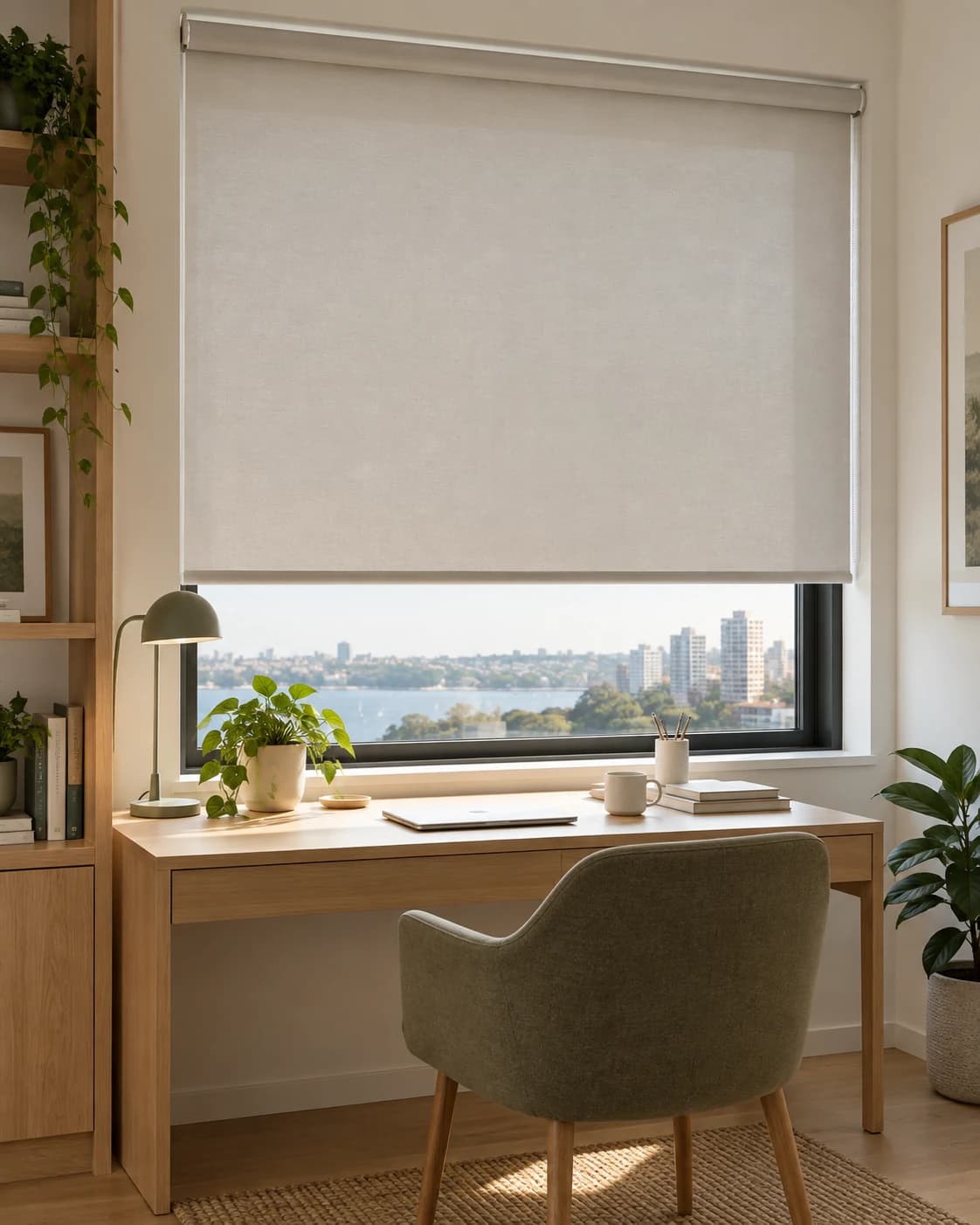 Sunscreen roller blind controlling daylight in a compact home study