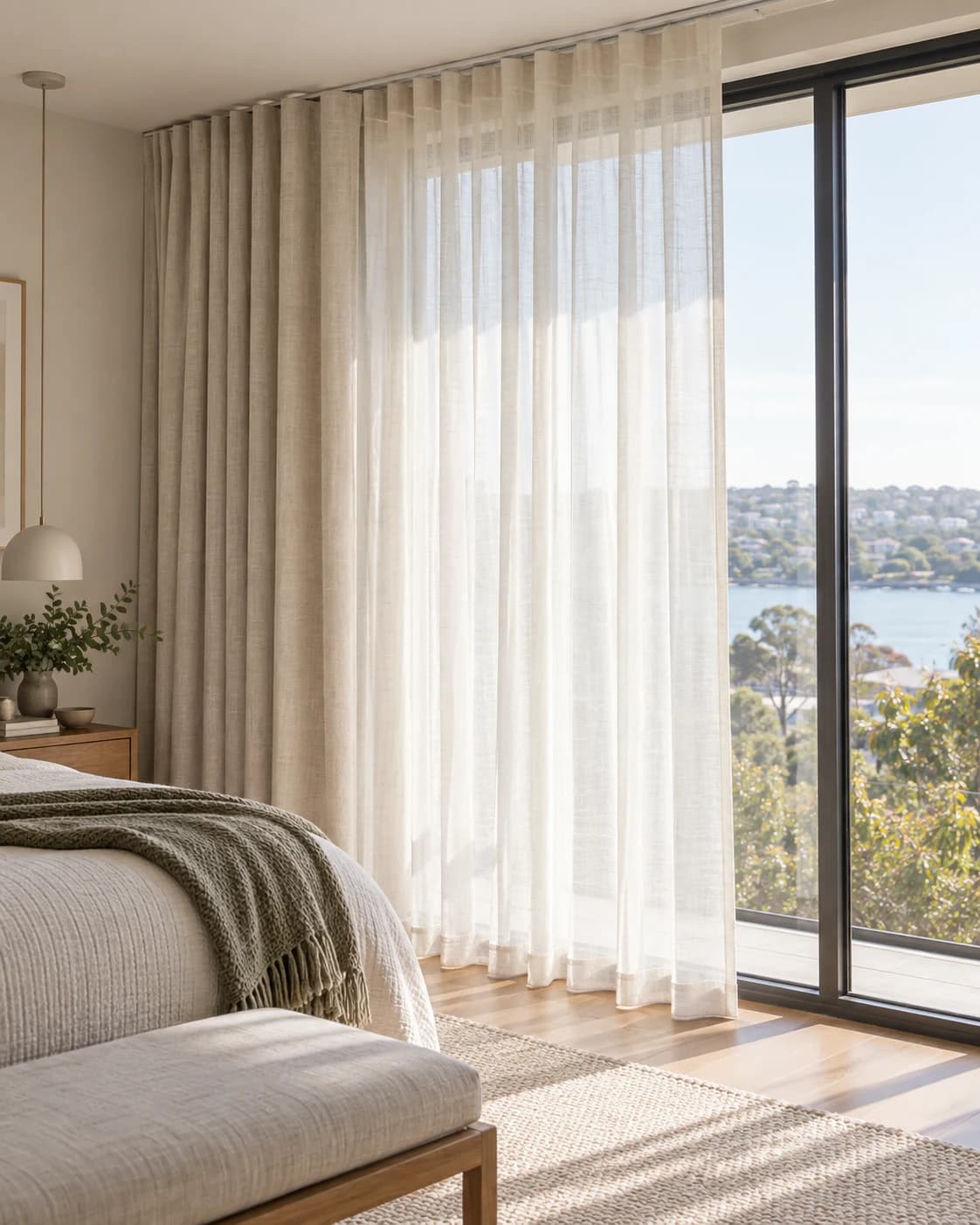 Full-height curtain treatment beside broad bedroom glazing
