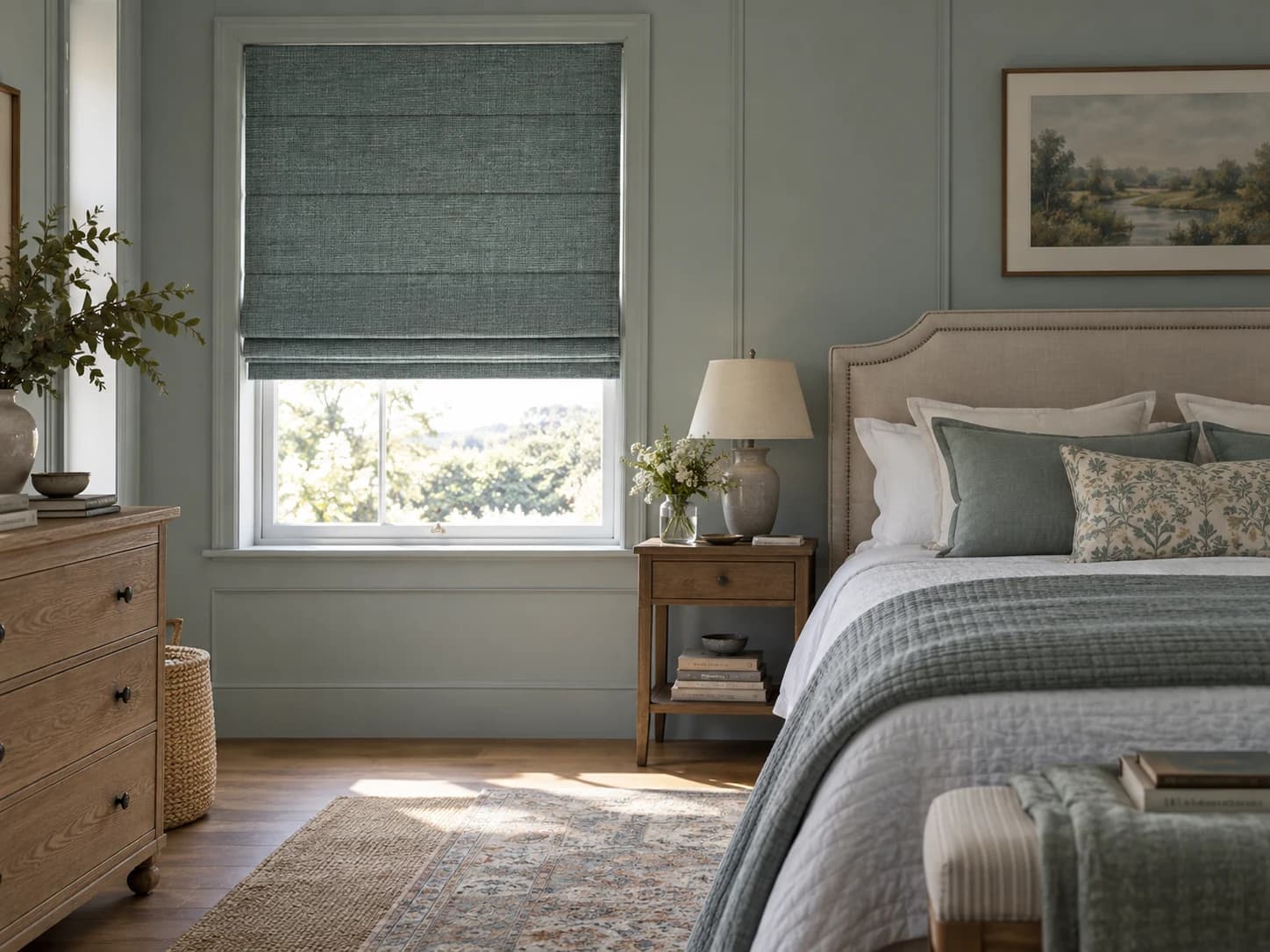 Textured Roman blind above the bedside table in a blue and white bedroom