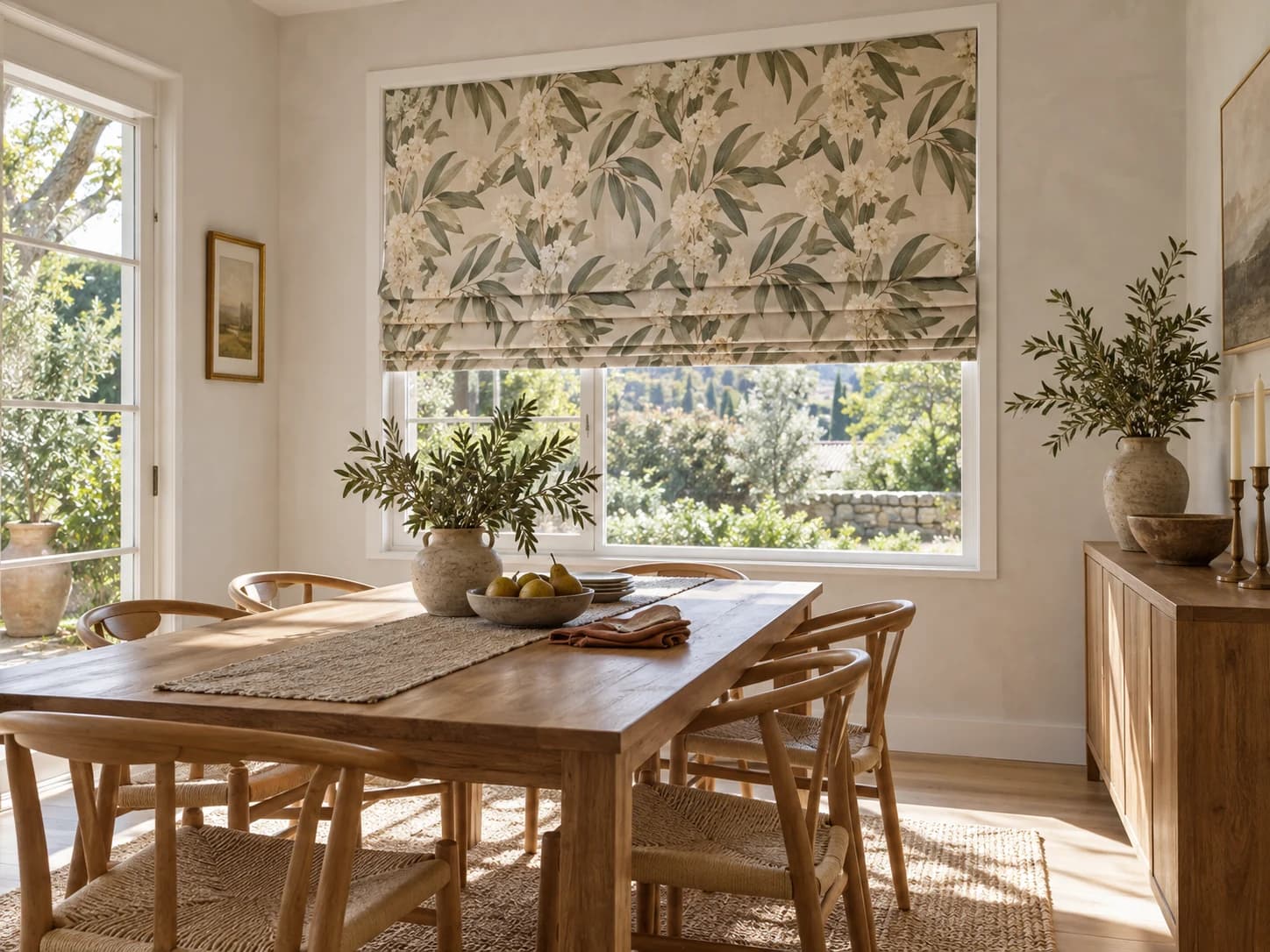 Patterned Roman blind in a dining room with natural daylight