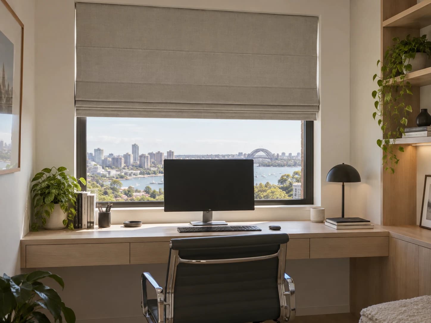 Roman blind positioned above a desk in a Sydney home office