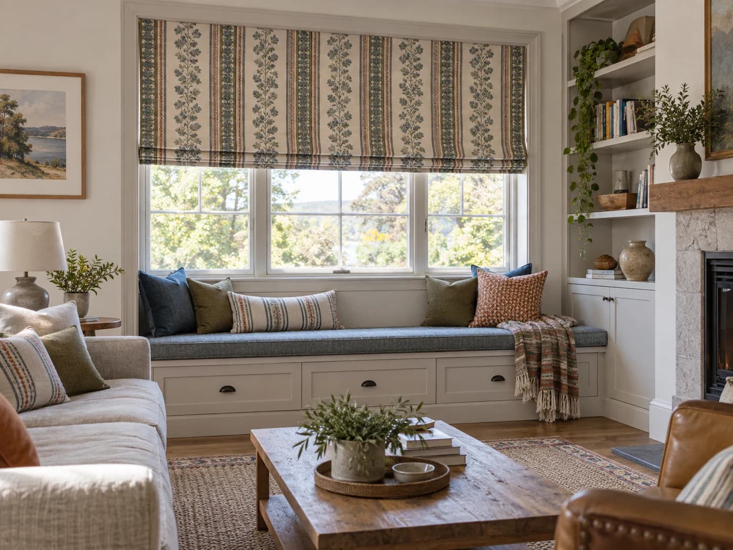 Patterned Roman blind coordinated with a window seat and cushions