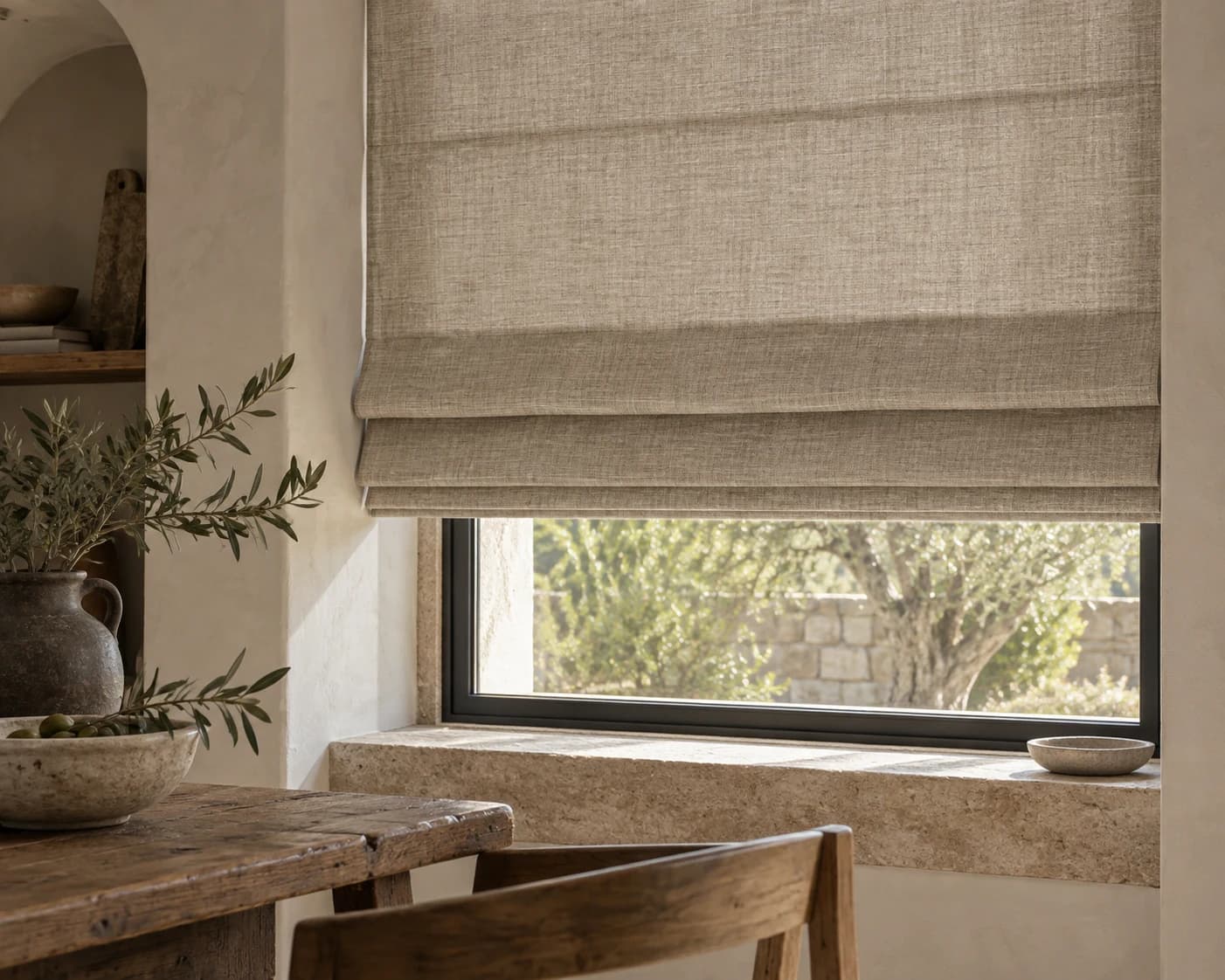 European linen Roman blind showing a soft natural fold