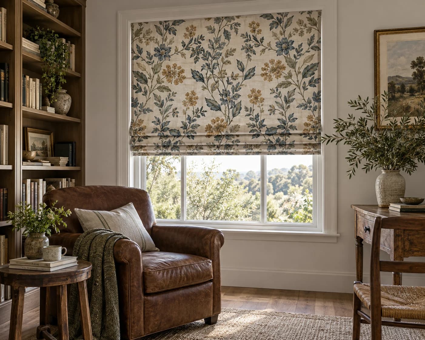 Detailed patterned Roman blind showing placement across the finished width