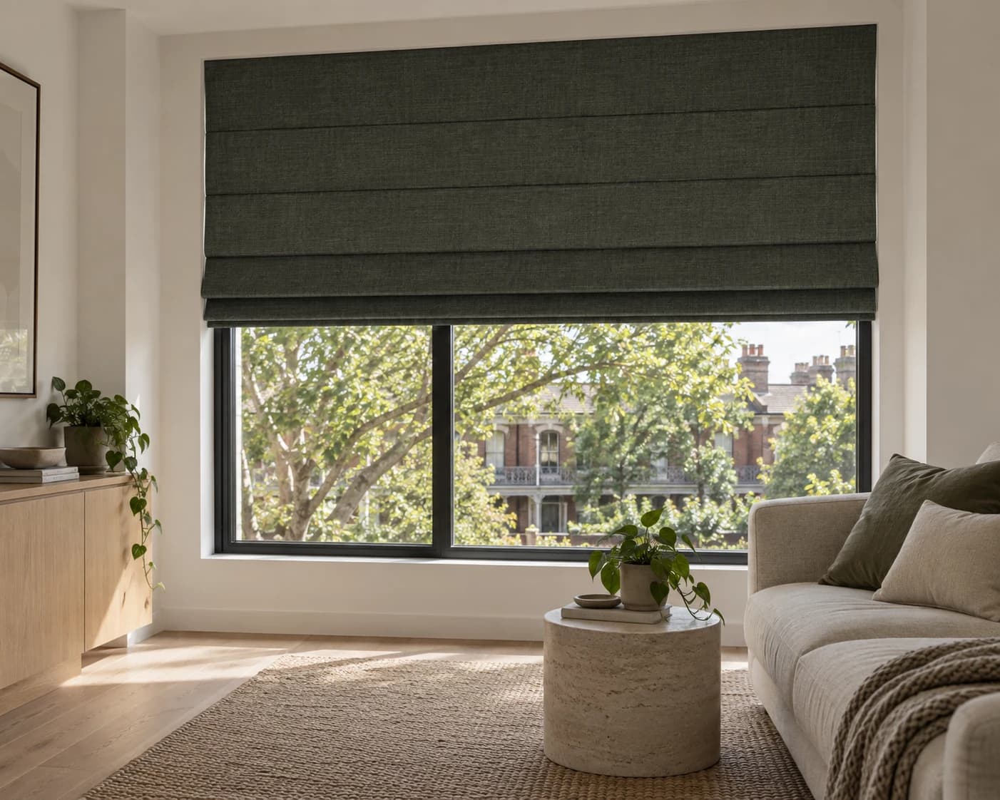Textured plain Roman blind in a warm Australian interior
