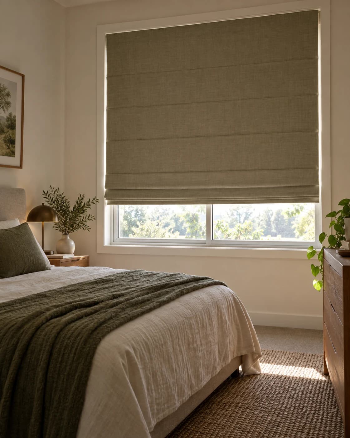 Bedroom Roman blind lowered in honest natural daylight