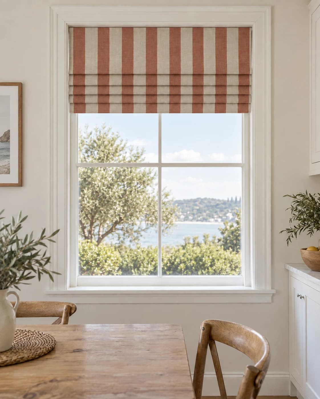 The same tailored Roman blind raised with its finished stack visible