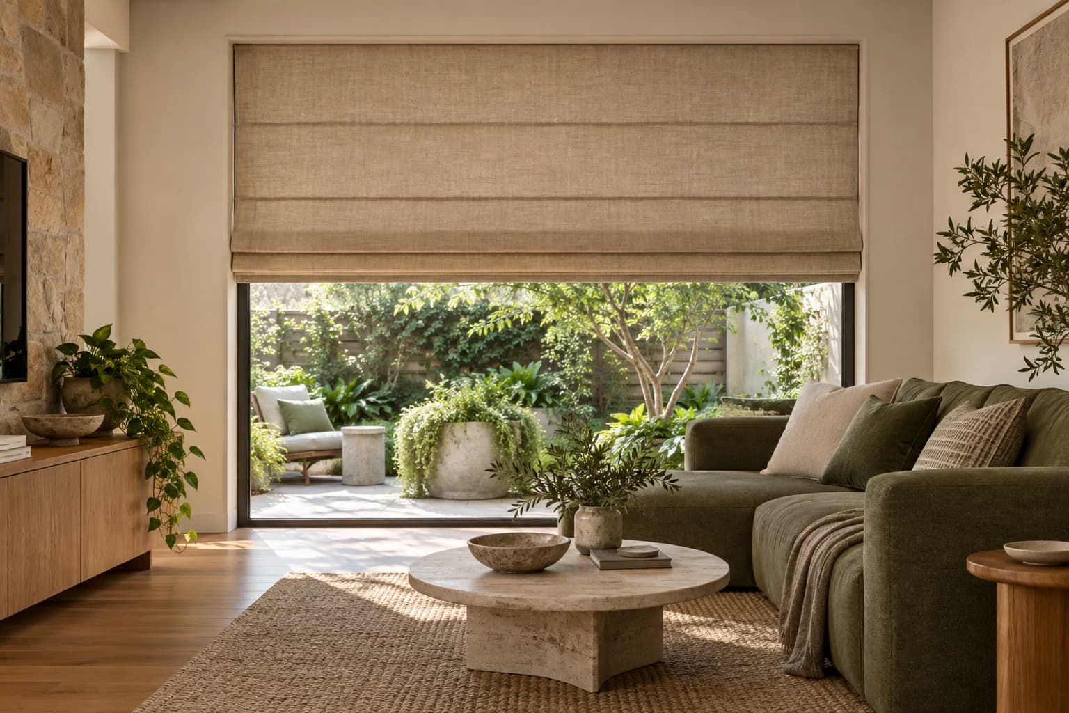 Motorised Roman blind as the central textile feature in a finished room