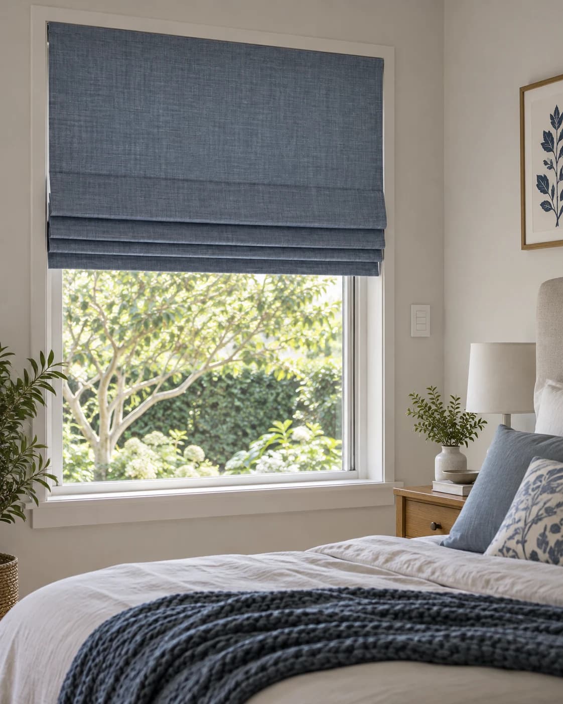 Motorised Roman blind partially raised with even folds