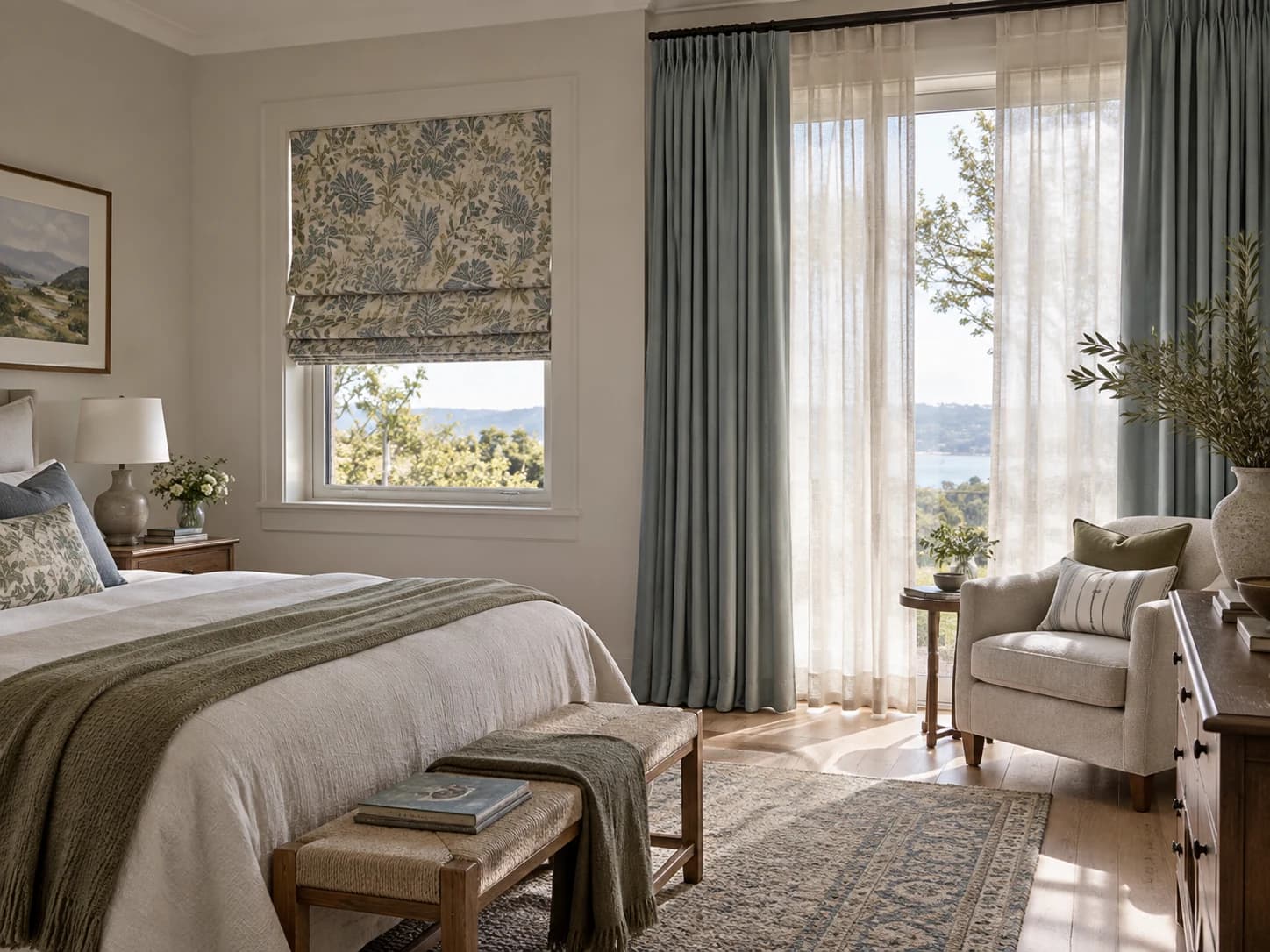 Roman blind coordinated with full-height curtains and sheers