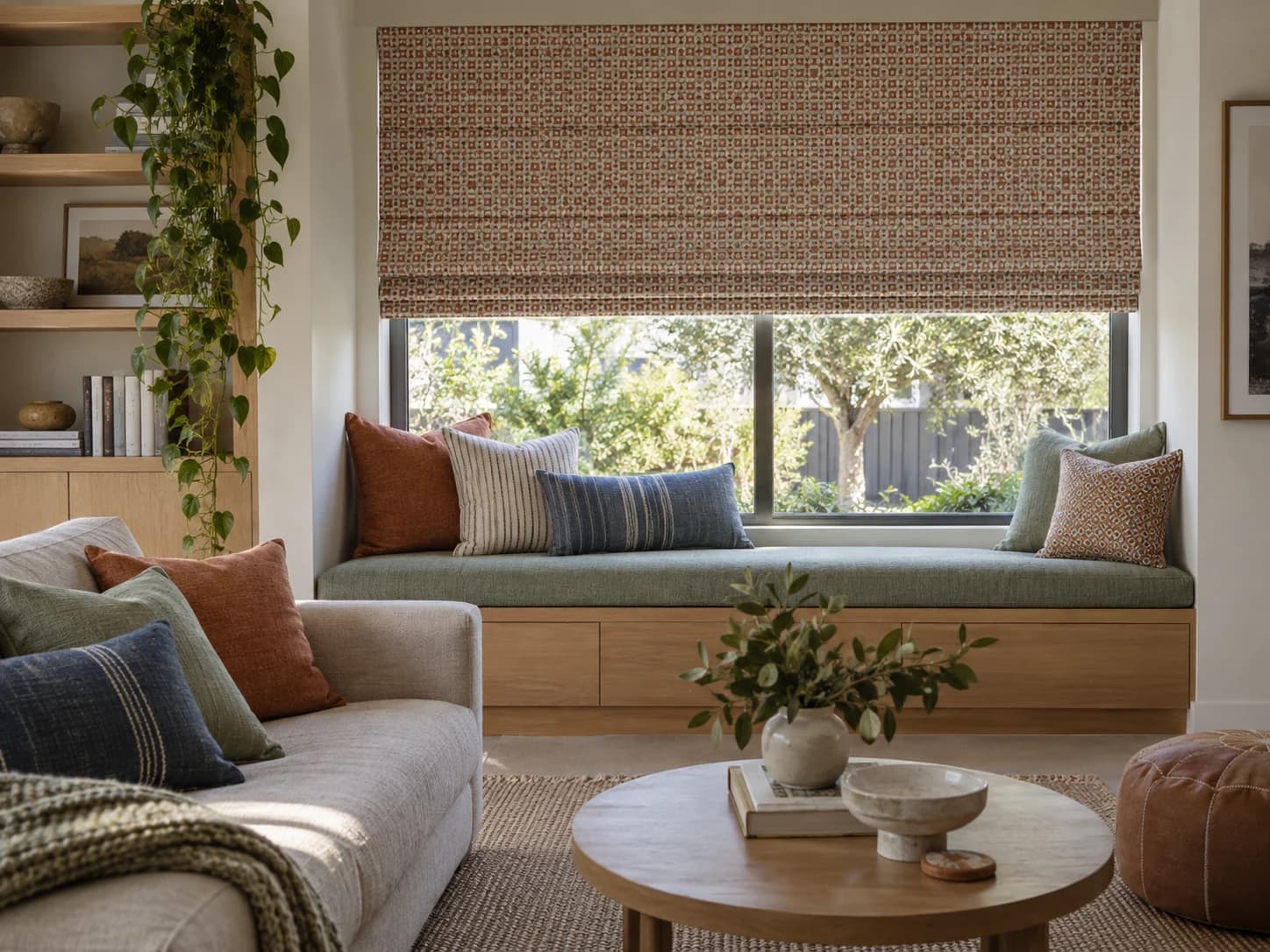 Roman blind fabric coordinated with cushions and upholstery